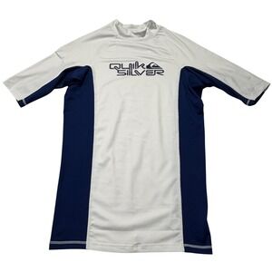 Quiksilver Rashguard UVtech White Navy Blue Short Sleeve Swim Surf Beach Mens S